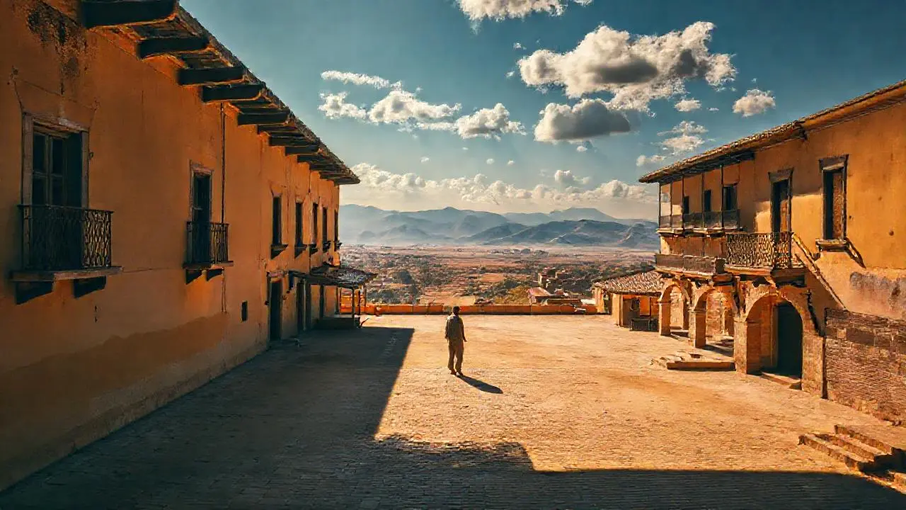 Pueblo antiguo, soleado y polvoriento