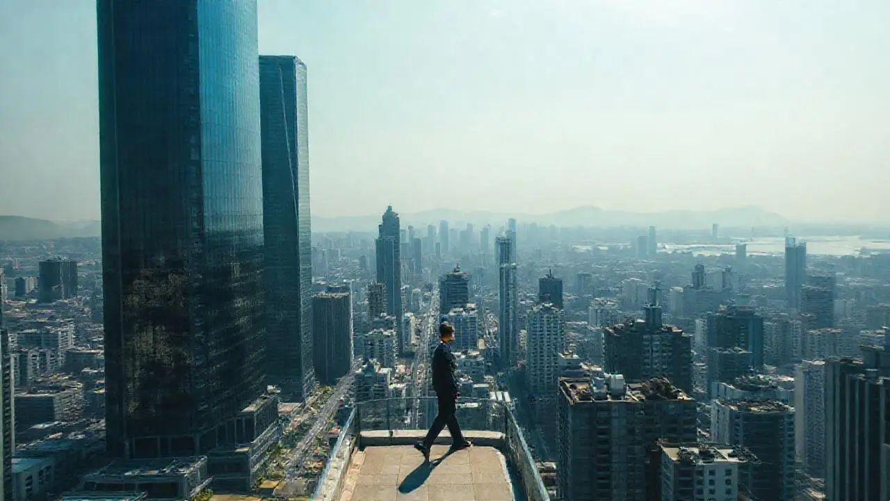 Ciudad moderna, densa y ligeramente brumosa