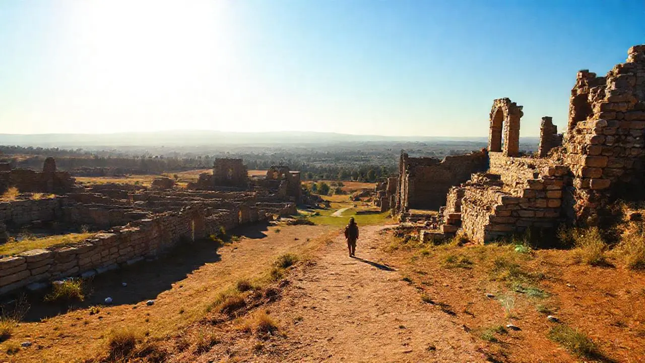 Ruinas antiguas bajo cielo despejado y cálido