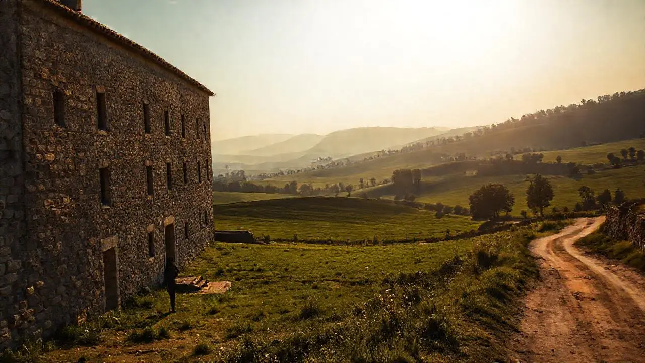 Edificio antiguo en campo rural sereno