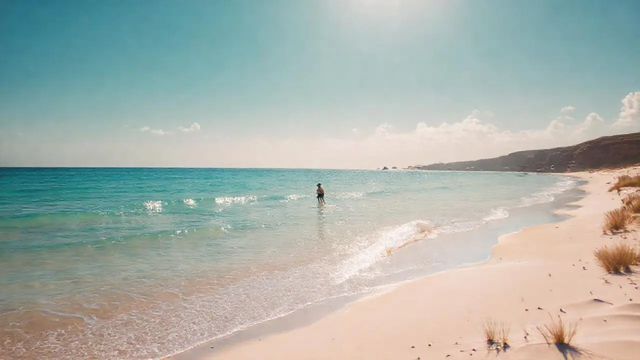 Playa serena, luz cálida y agua turquesa