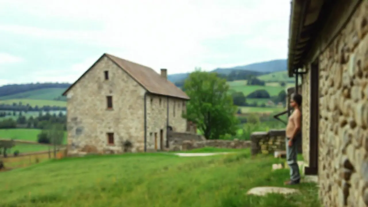 Edificio rural, tranquilo y ligeramente desvanecido