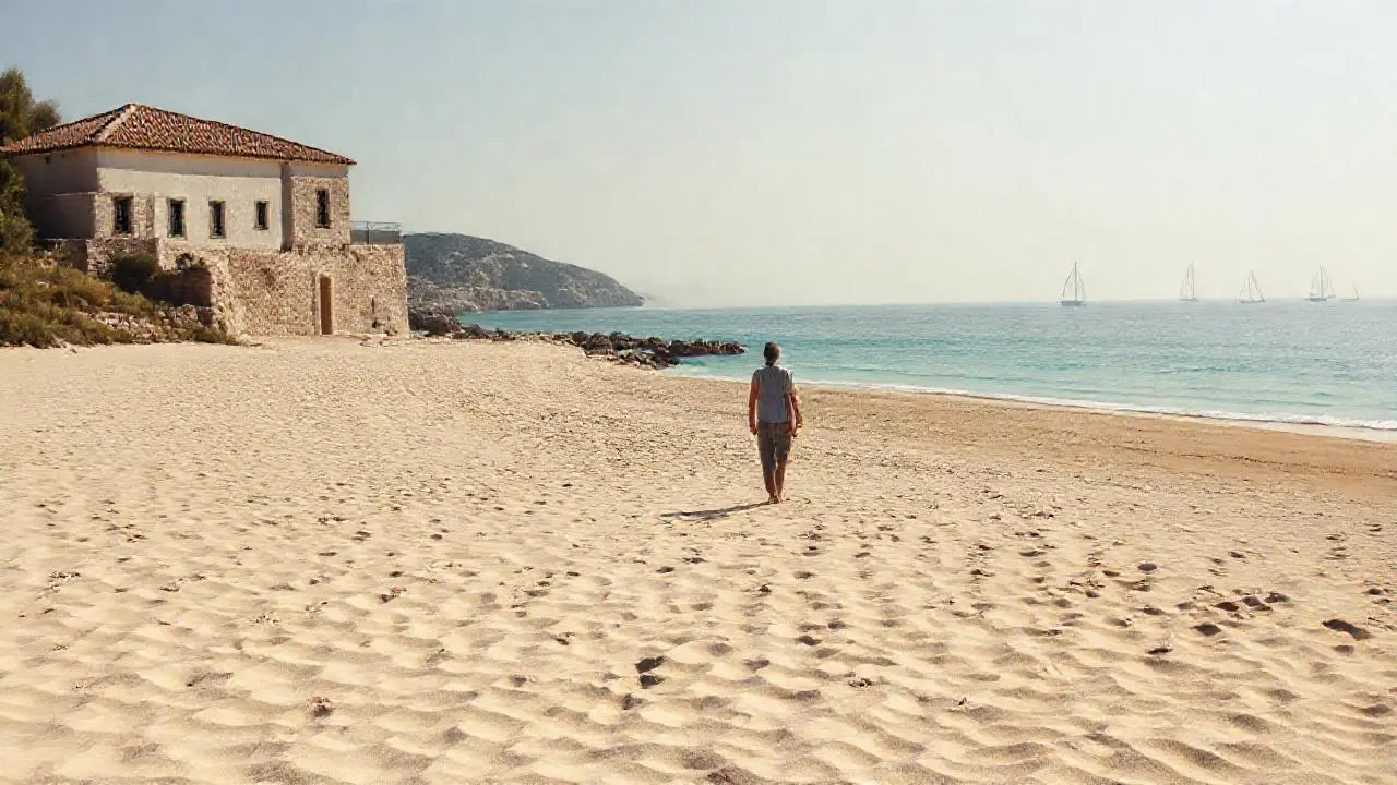 Playa soleada con figura relajada al fondo