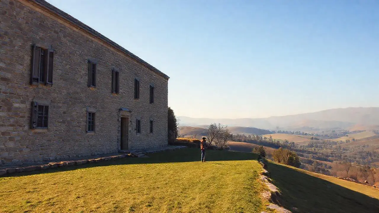 Paz rural, figura solitaria en un paisaje extenso