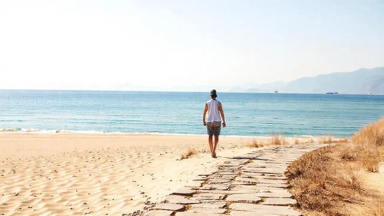 Escena costera serena, luz cálida y difusa