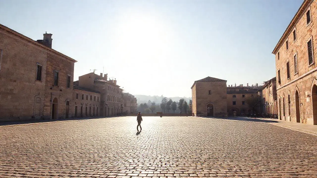 Plaza antigua, luz suave y soledad