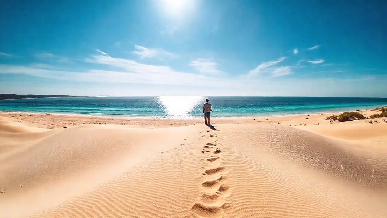 Playa serena bajo cielo amplio y cálido