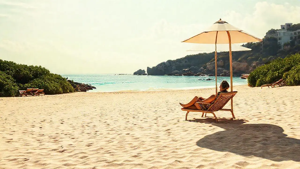 Playa serena, luz cálida y relajación