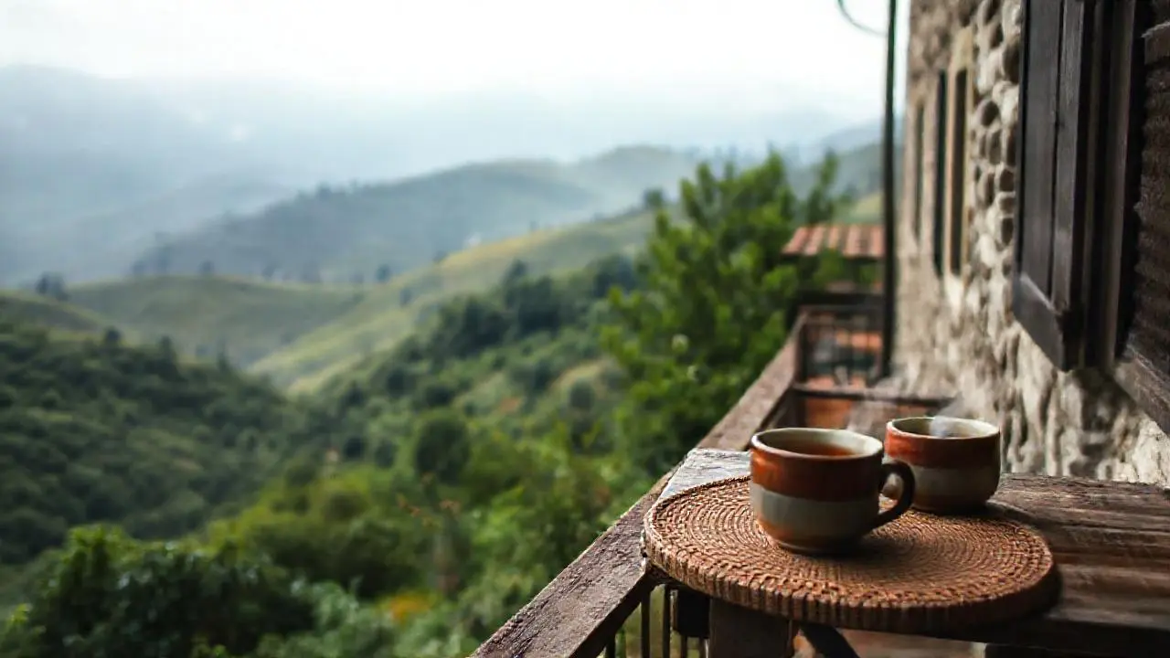 Paisaje tranquilo, rural y ligeramente brumoso
