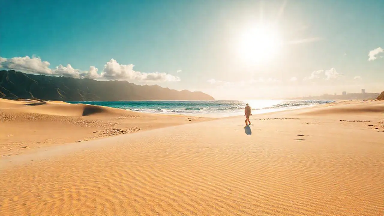 Playa soleada, tranquila y extensa
