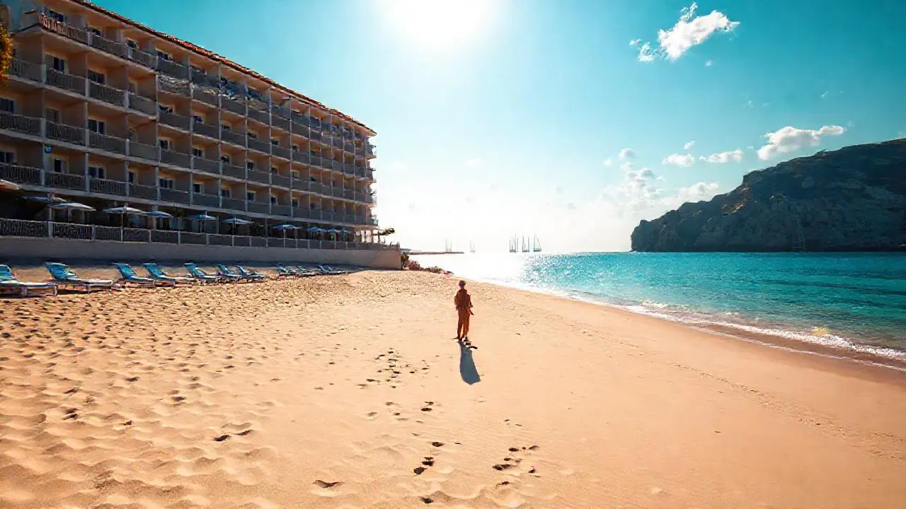 Playa tranquila, sol, espacio y relajación