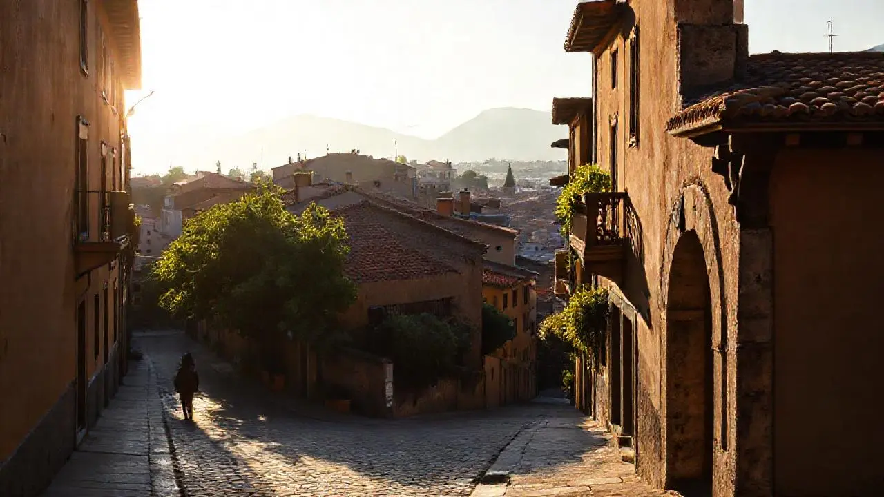 Pueblo antiguo, tranquilo y ligeramente brumoso