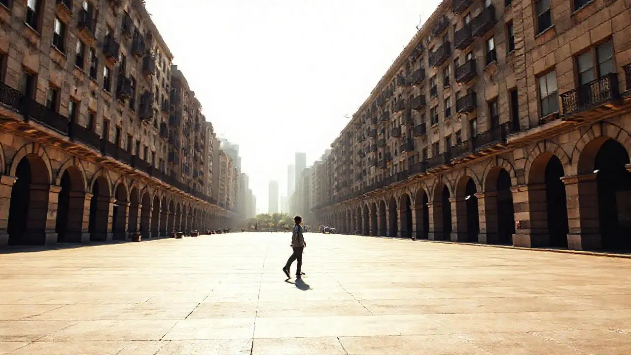 Plaza urbana tranquila, luz suave y distante