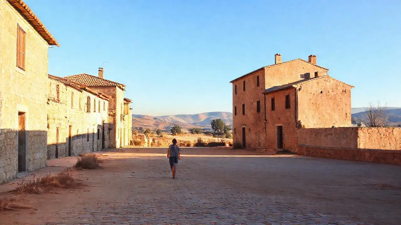 Pueblo rural bañado en luz cálida