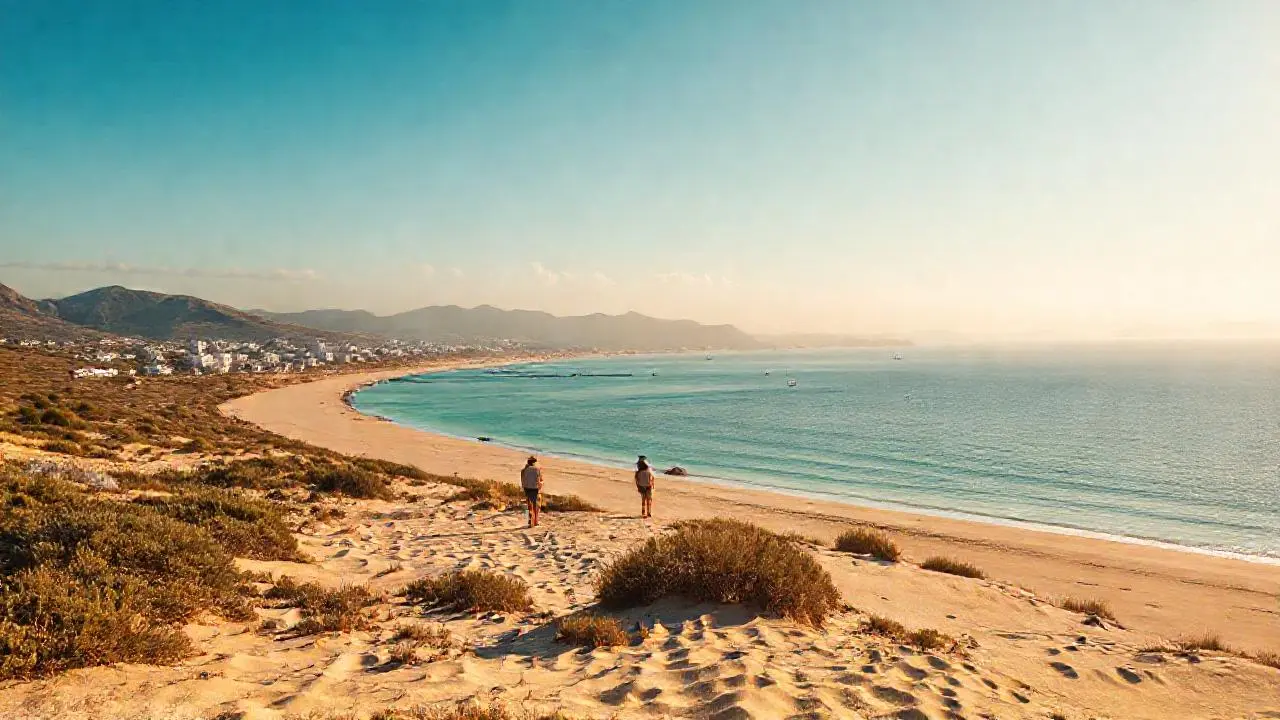 Costa tranquila, luz cálida y horizonte lejano