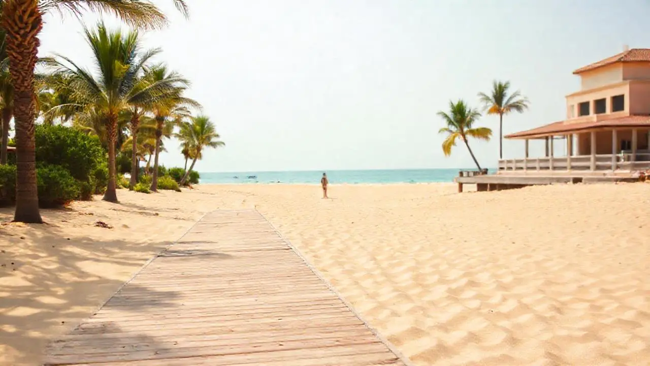 Playa serena, luz cálida, ambiente tranquilo