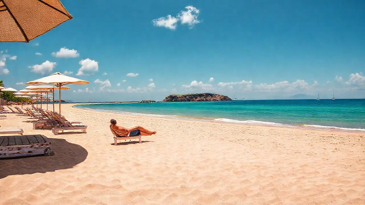 Playa tranquila, sol, y serenidad palpable