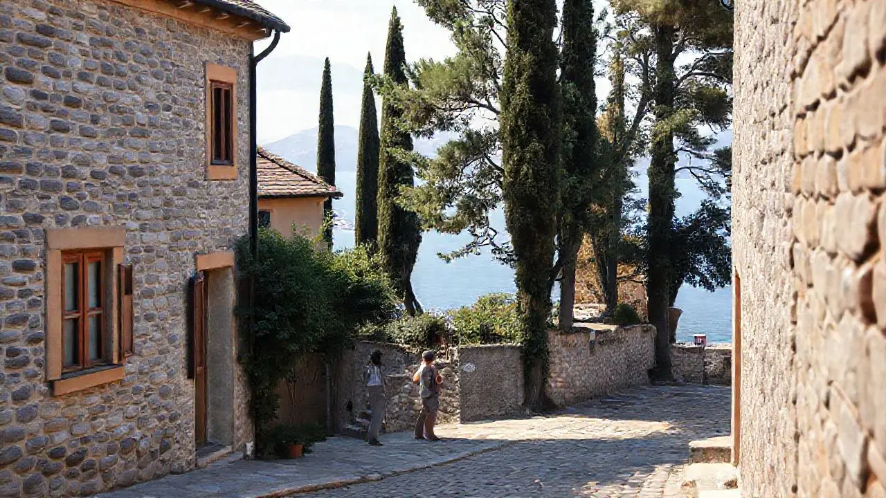 Pintura serena de un barrio costero antiguo
