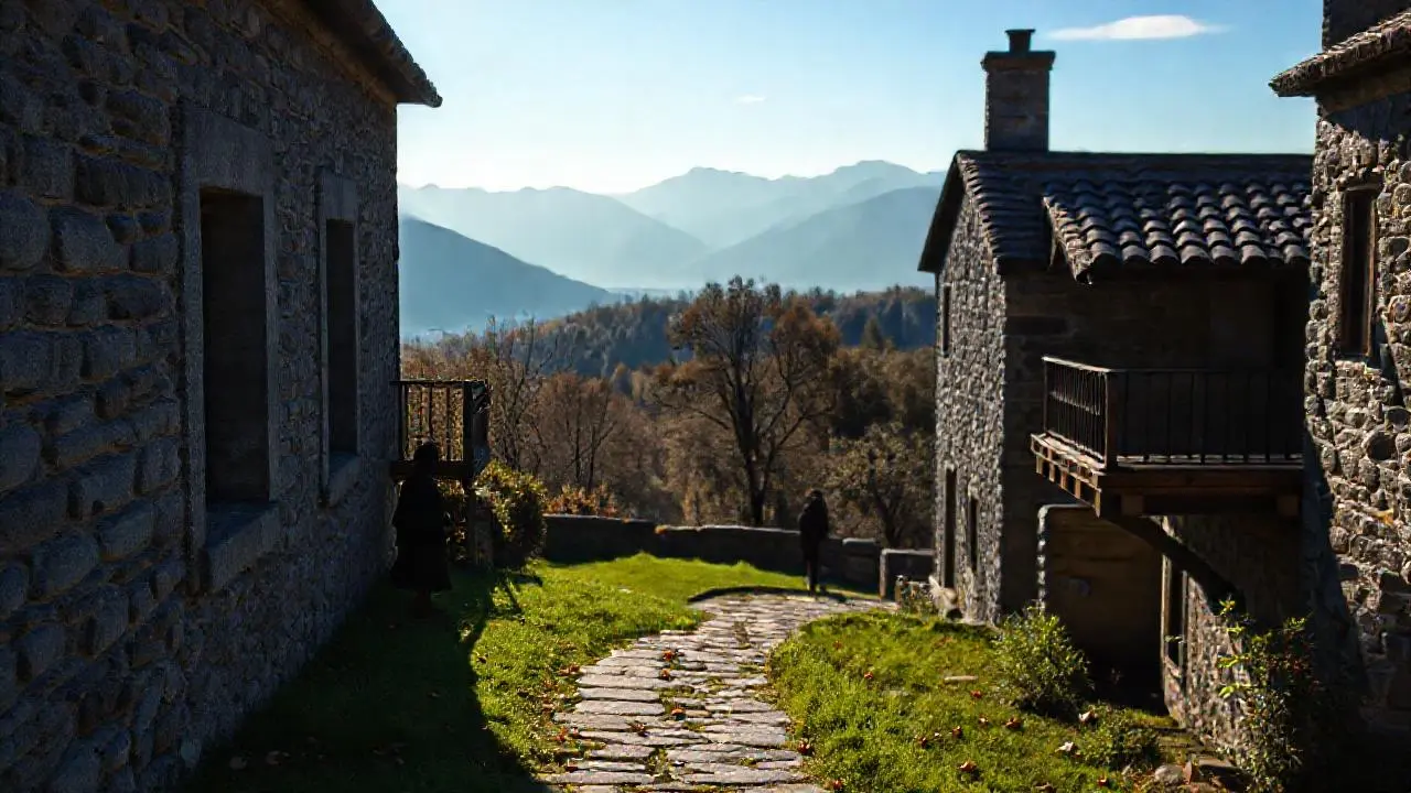 Paisaje rural tranquilo y ligeramente brumoso