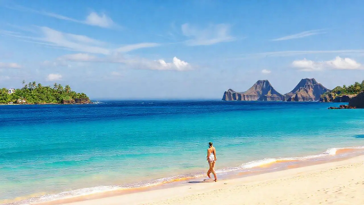 Paz tropical, playa, mar y cielo