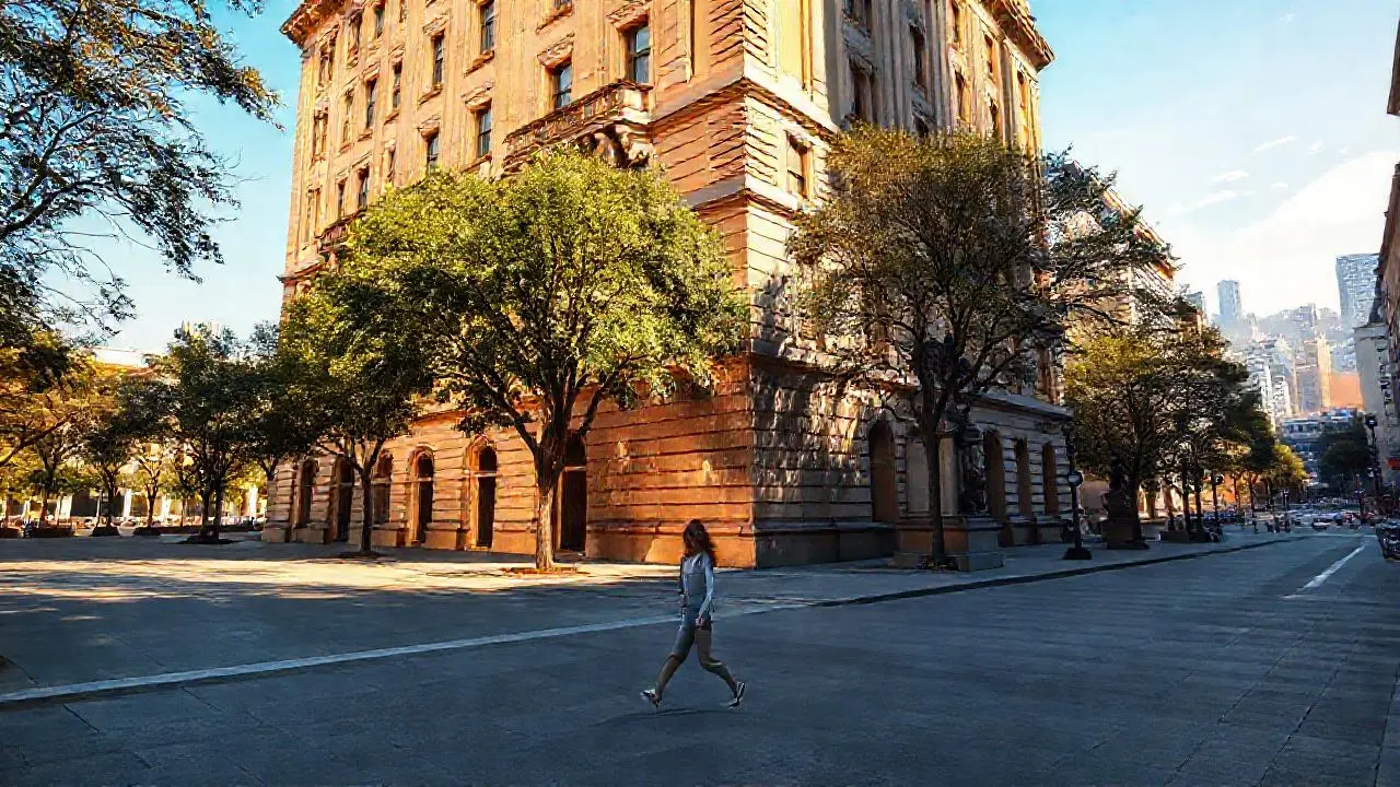 Fachada clásica, luz cálida, ambiente urbano sereno
