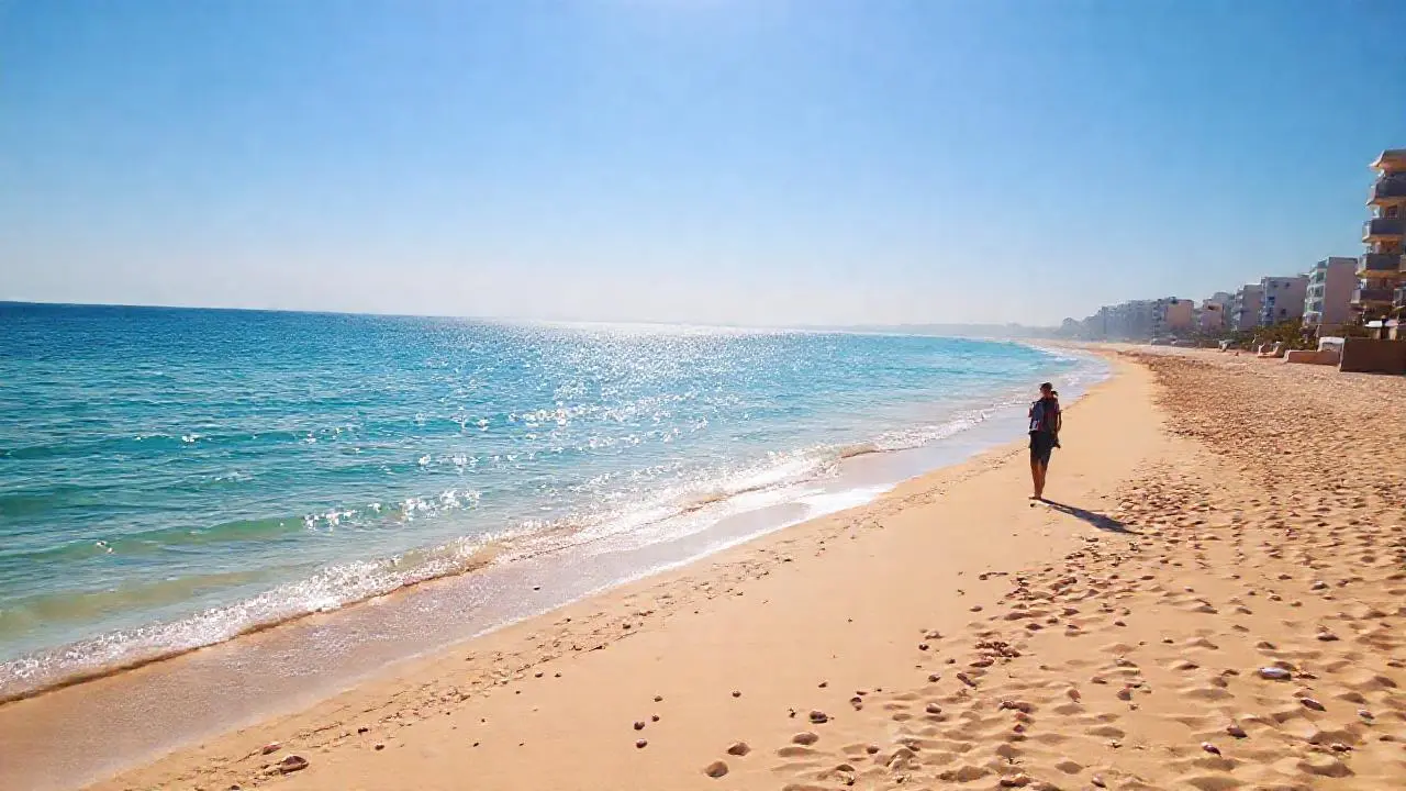 Playa serena, luz cálida y vastedad