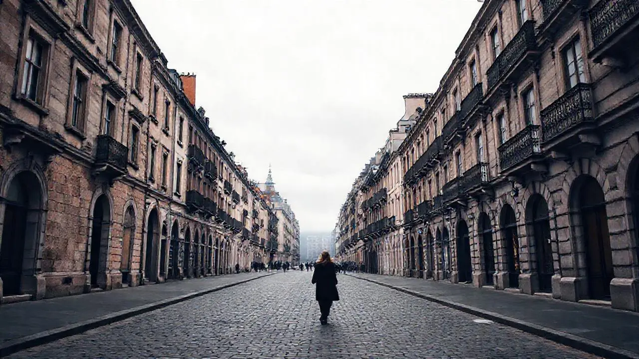 Calle antigua, luz gris, ambiente tranquilo