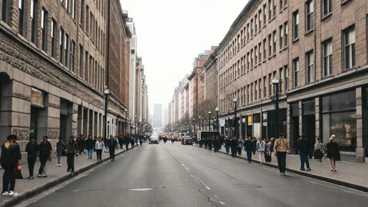 Calle urbana densa y ligeramente brumosa