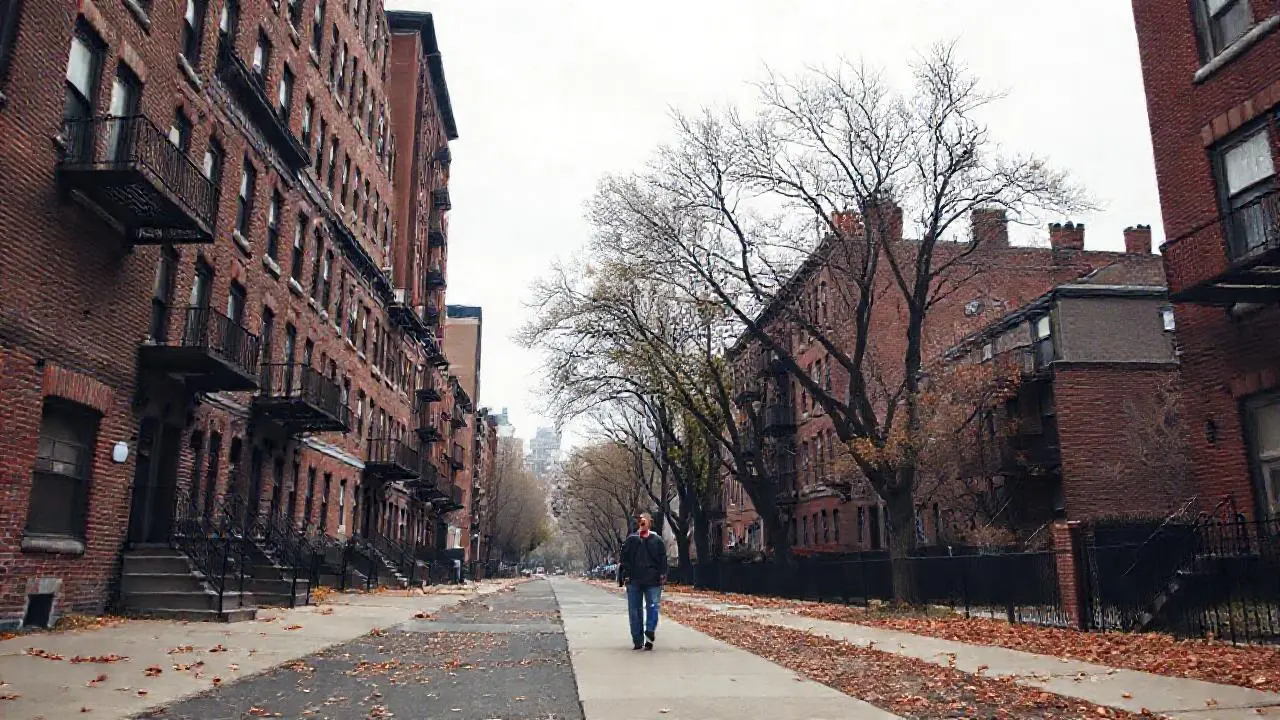 Calle residencial tranquila, ambiente otoñal realista
