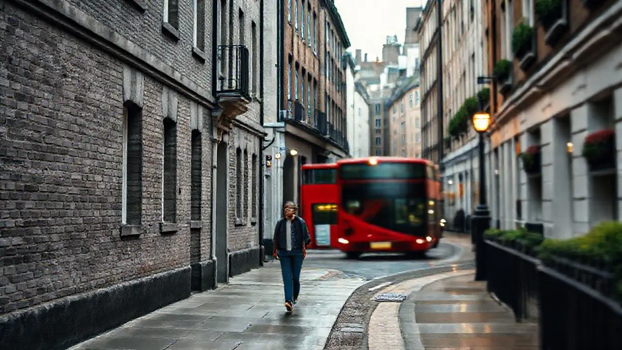 Calle londinense tranquila, atmósfera gris y urbana
