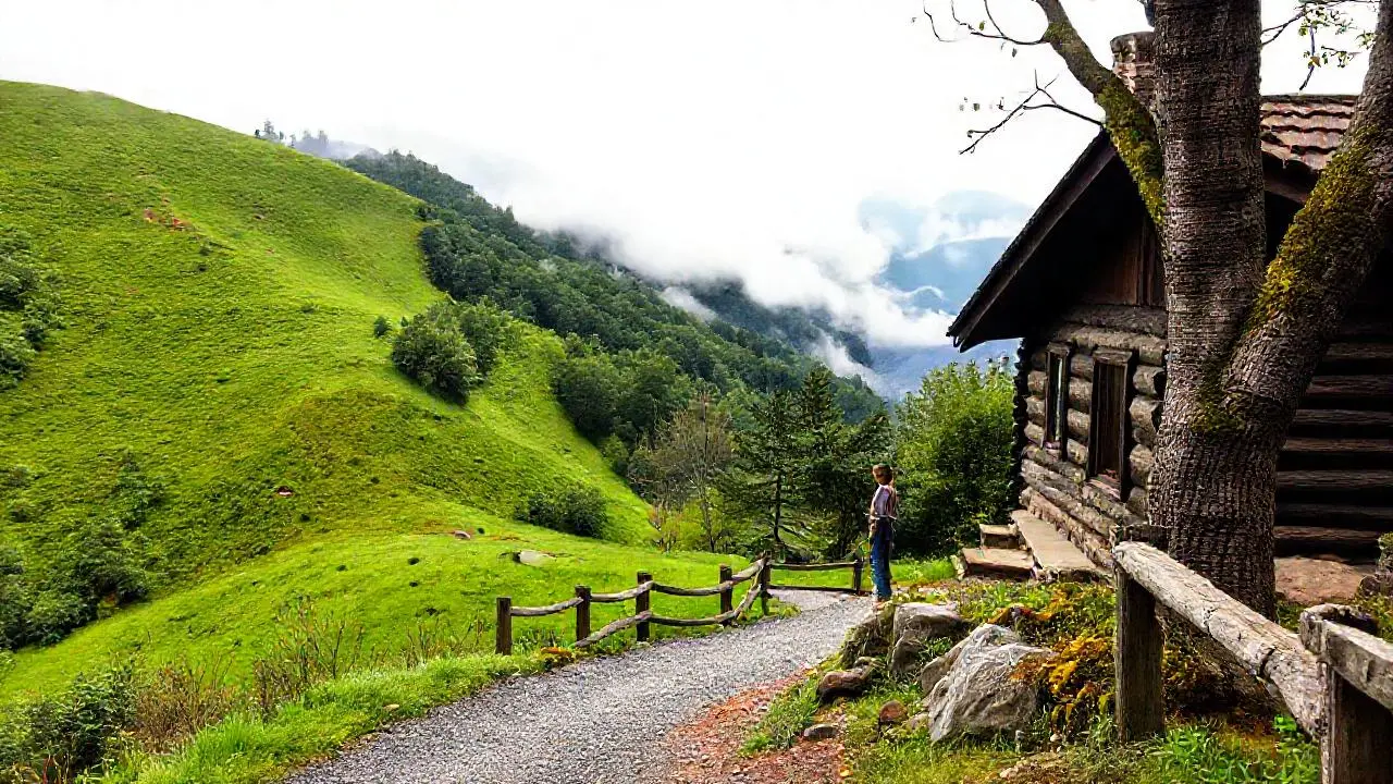 Cabina rústica en paisaje brumoso y tranquilo