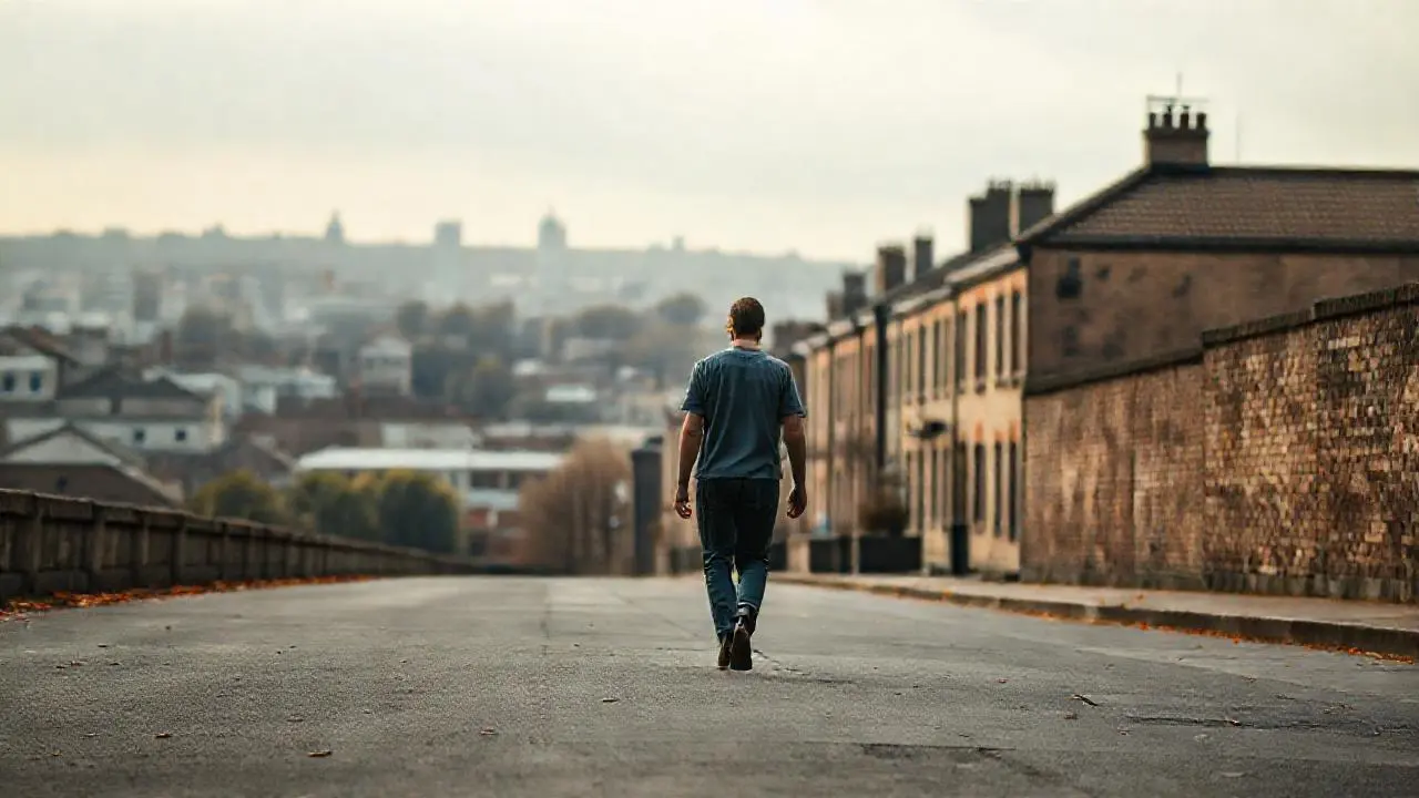 Ciudad melancólica, figura solitaria en calma