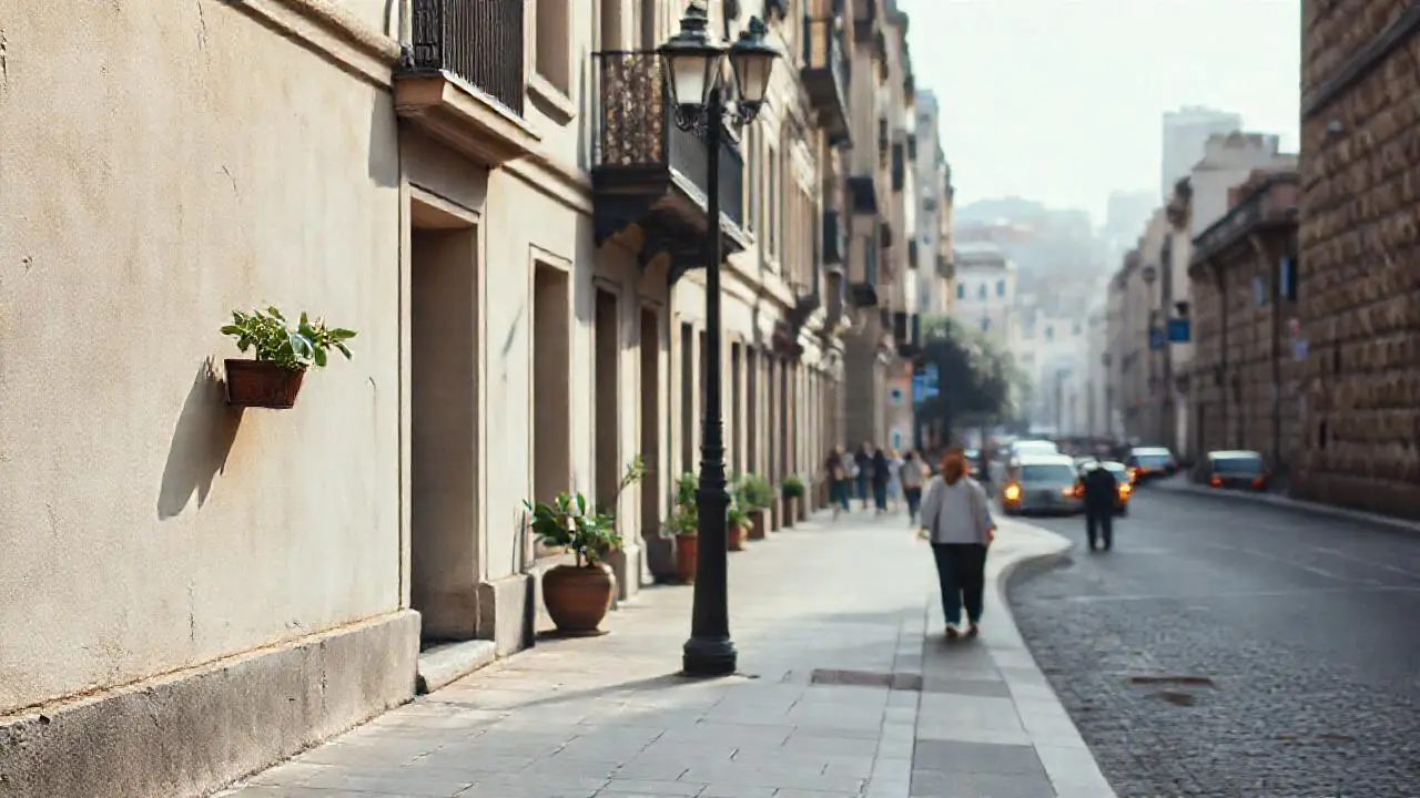Ciudad urbana, tranquila y ligeramente brumosa