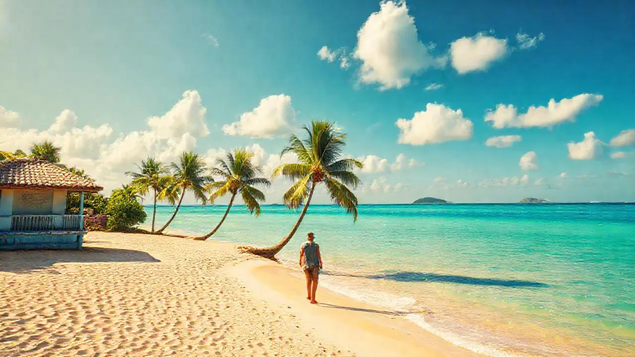 Tranquila playa tropical, luz cálida y espacio