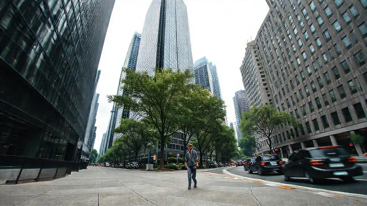 Ciudad moderna, difusa y ligeramente brumosa