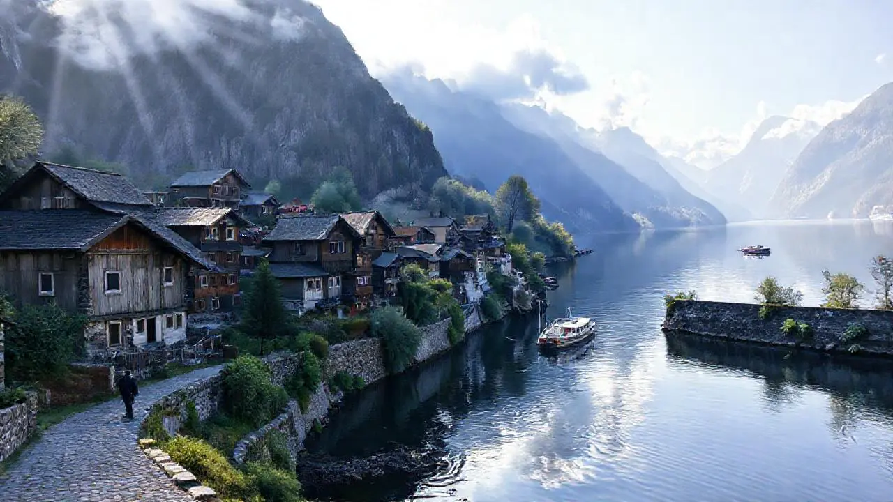 Pueblo alpino sereno, reflejado en el lago