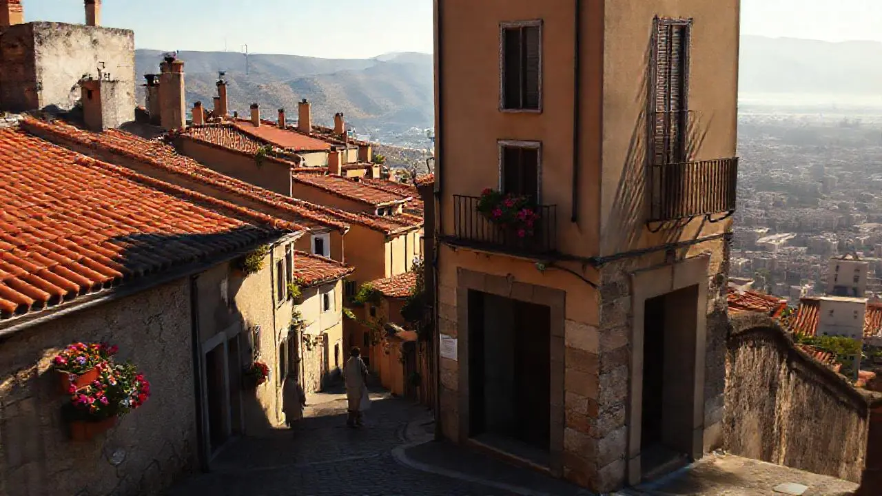 Pueblo antiguo, luz cálida y tranquila