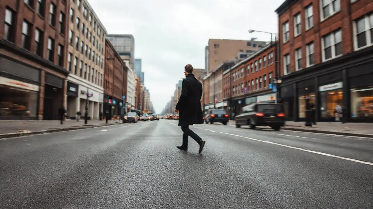 Calle urbana gris, ambiente difuso y silencioso