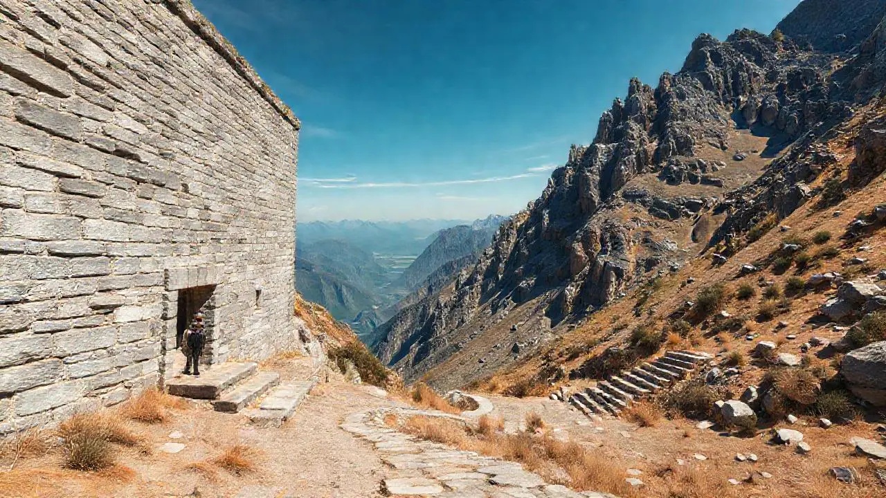 Arquitectura antigua en paisaje montañoso y vasto