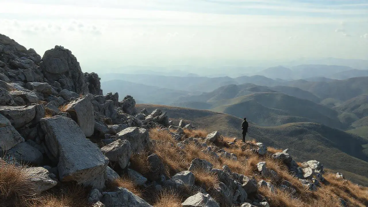 Paisaje rocoso y vasto, con figura solitaria