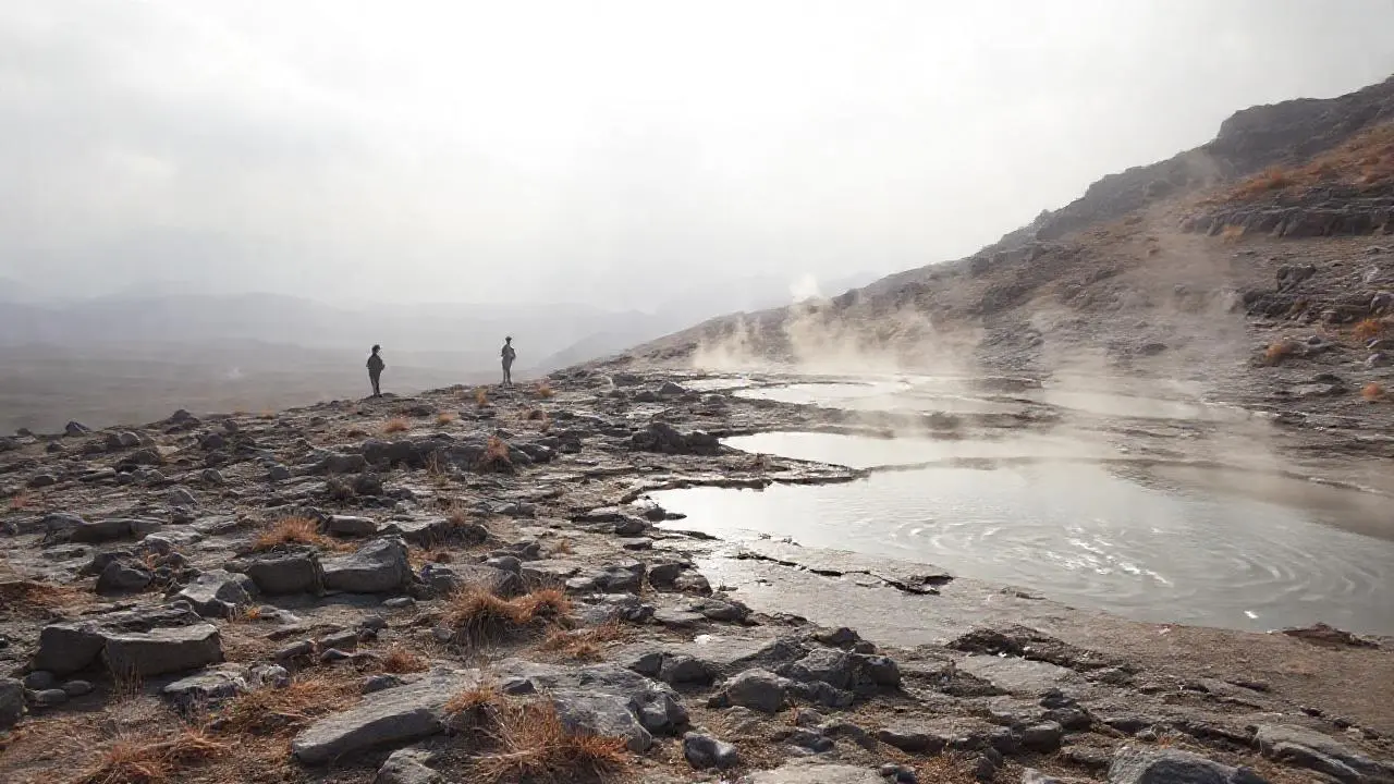 Paisaje árido y sereno, con aguas termales