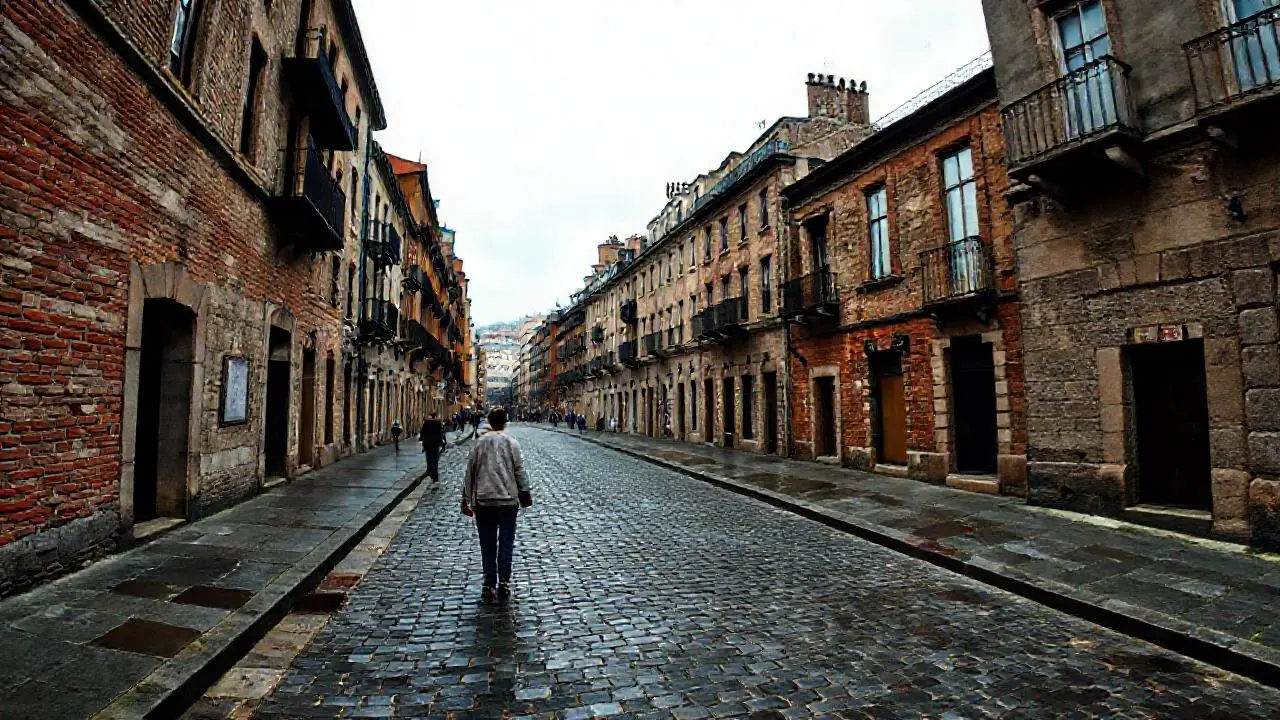 Calle empedrada, ambiente urbano y melancólico