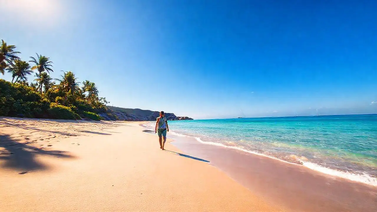 Playa soleada, relajada y serena