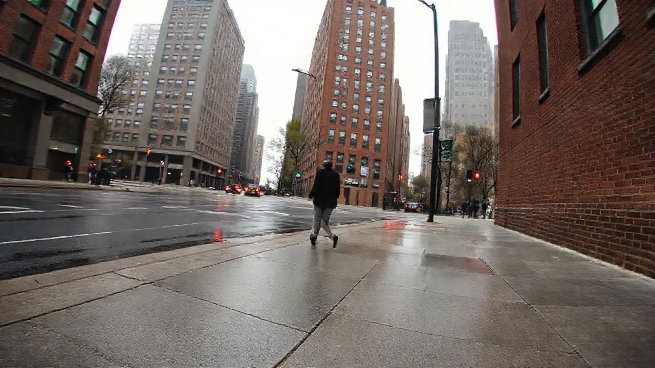 Calle lluviosa, urbana y ligeramente difusa