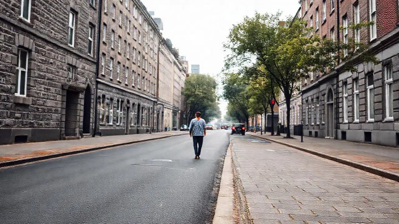 Calle urbana tranquila, atmósfera gris y distante