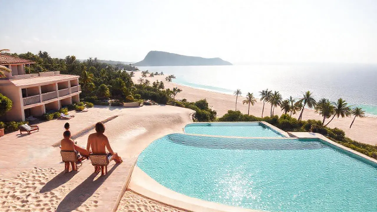 Playa tropical, luz cálida y relajante
