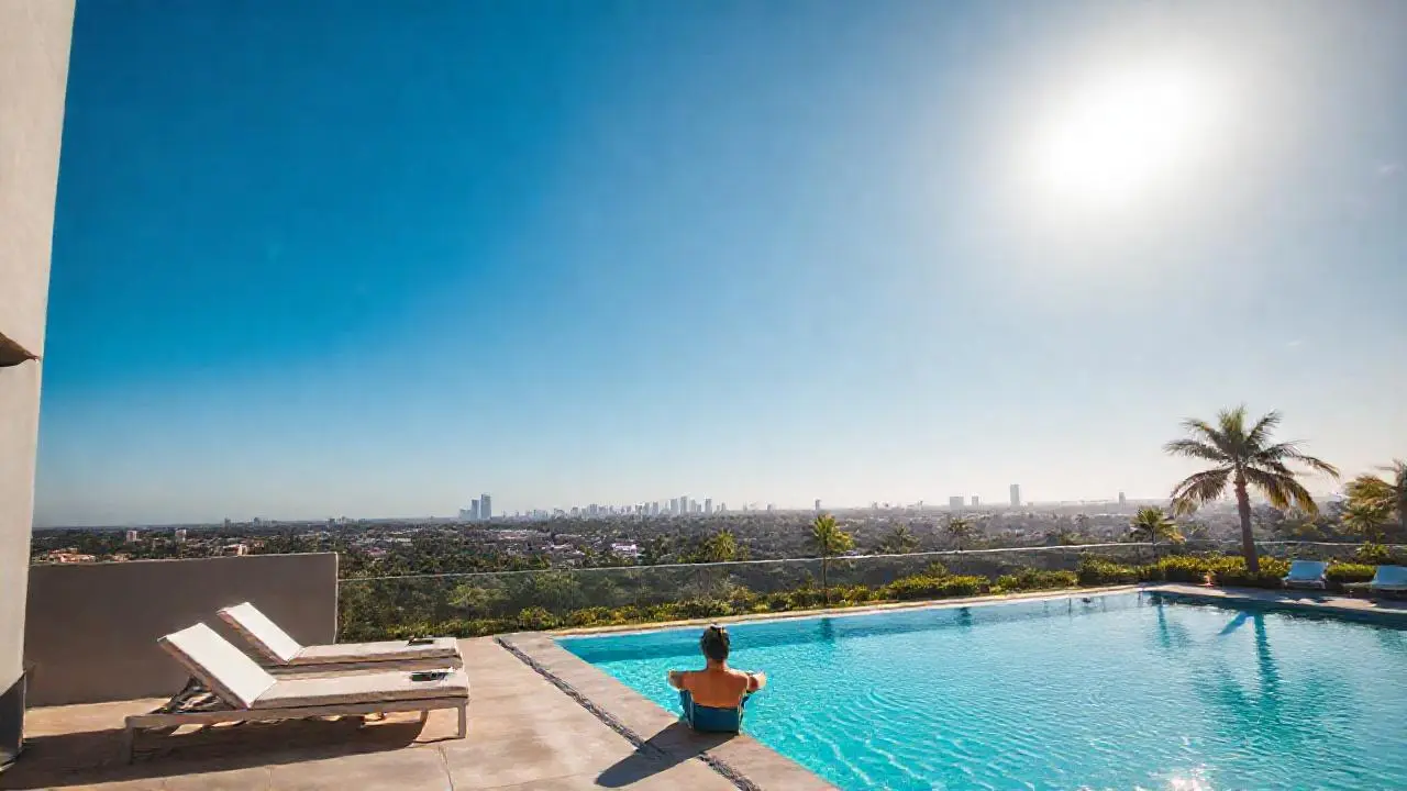Piscina y arquitectura bajo cielo despejado