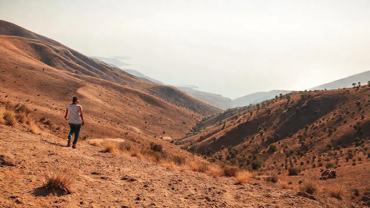 Paisaje árido, amplio y ligeramente brumoso