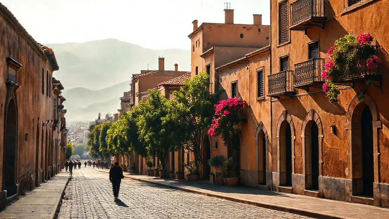 Pueblo colonial, luz cálida y nostálgico