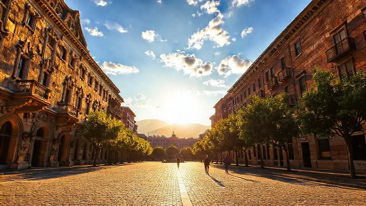 Ciudad antigua, luz cálida y serena